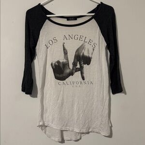 Deb “Los Angeles California” Labeled Quarter Length Sleeve Grey & White Top